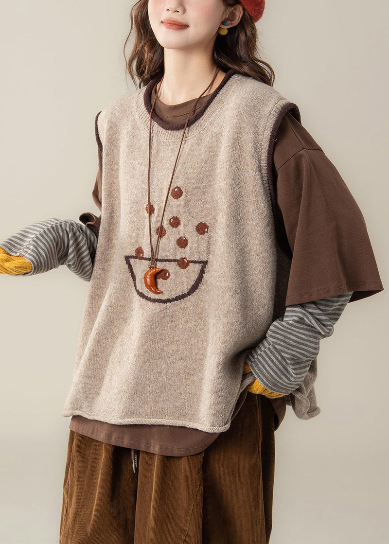 Apricot Jacquard Knit Vest and Coffee T Shirt Patchwork Two Piece Set