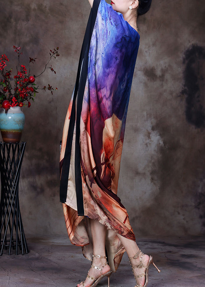 Loose Blue O-neck Asymmetrical Print Silk Vacation Dress for Batwing Sleeve