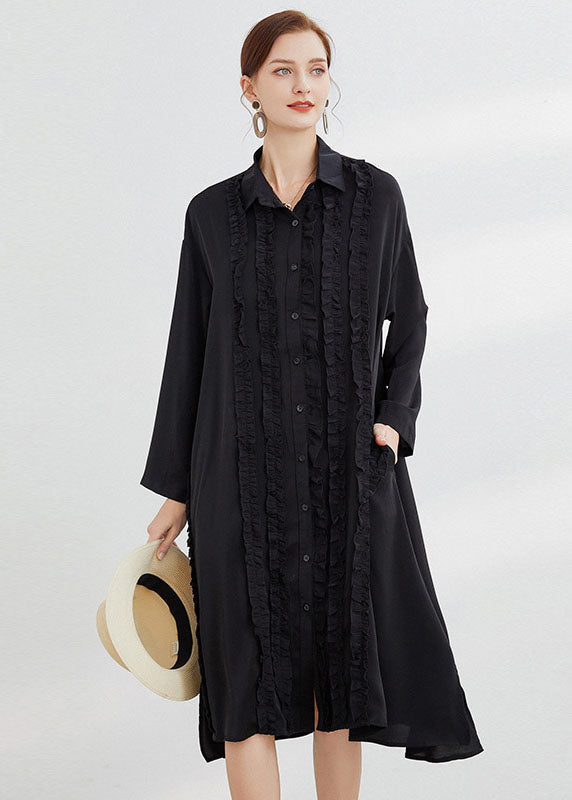 Black Button Shirts Dress Ruffled Spring