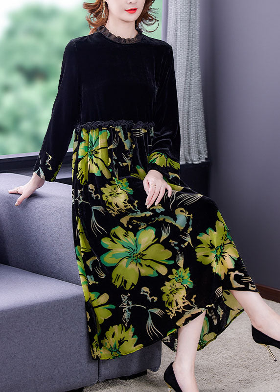 Black Patchwork Print Velour Dress Spring