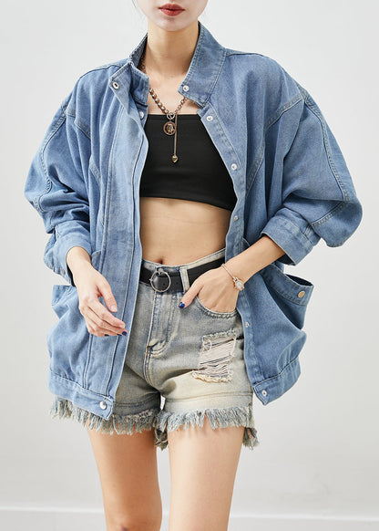 Blue Stand Collar Oversized Denim Coat Fall