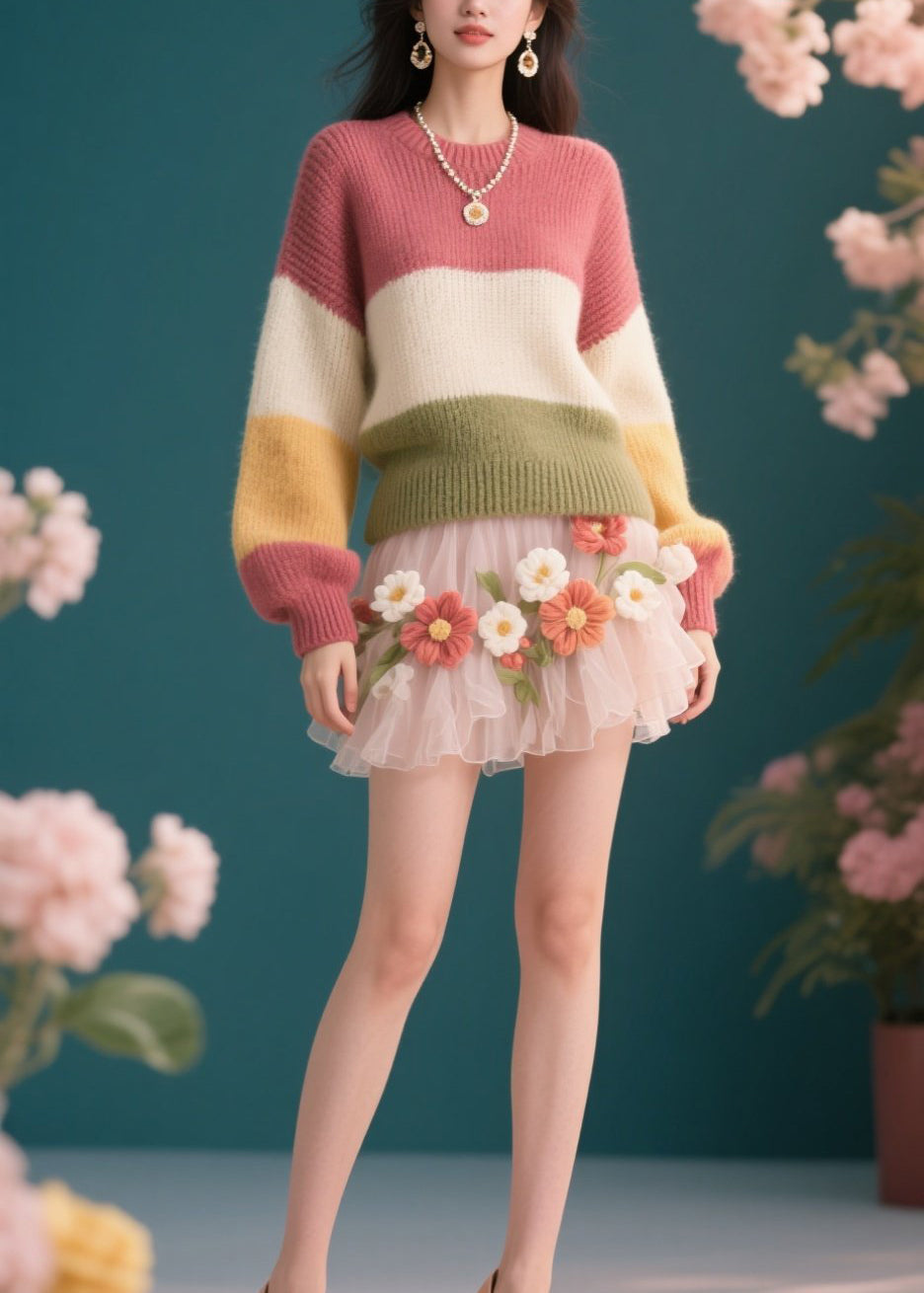 Colorblock O Neck Knit Short Sweaters Winter