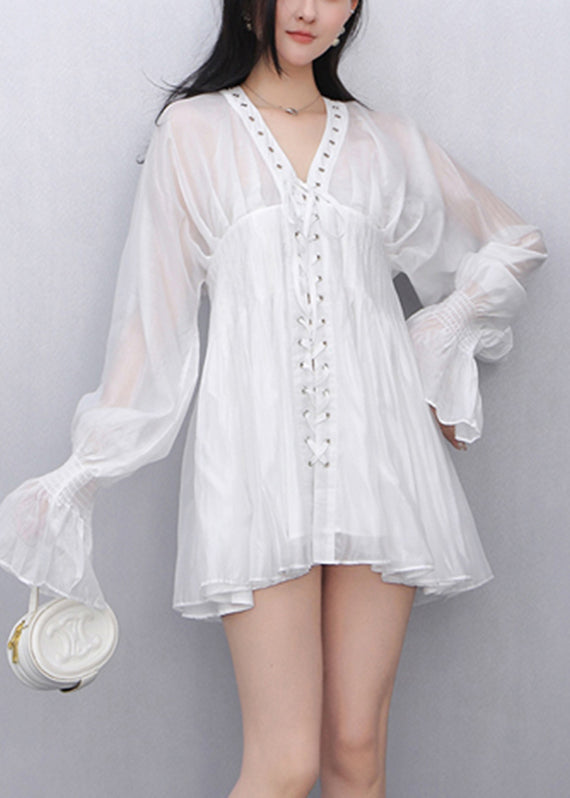 White Wrinkled Tie Waist Chiffon Shirt Fall