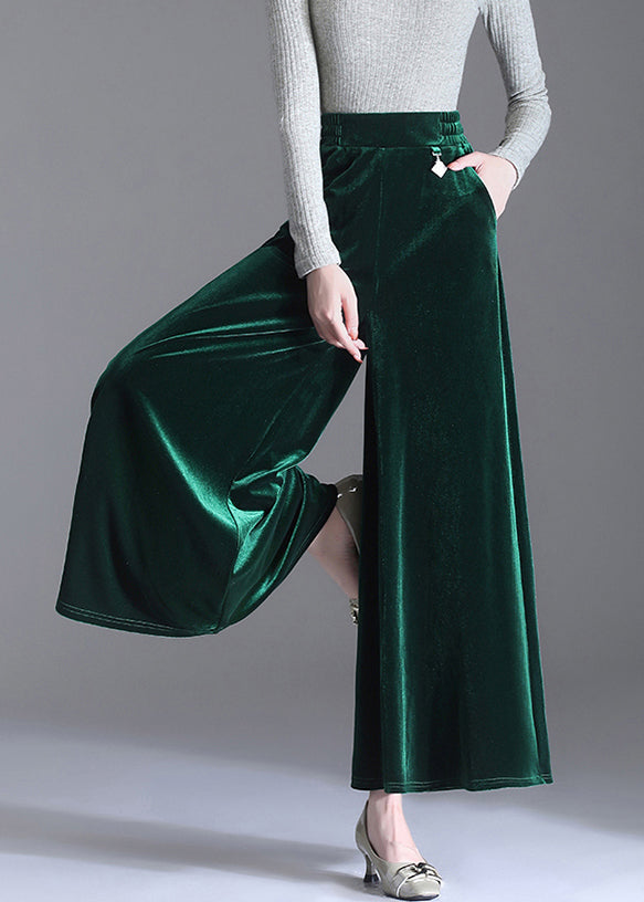 Green Pockets Elastic Waist Velour Wide Leg Pants Fall