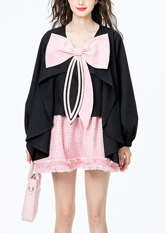 Black O-neck Bow Chiffon Shirt Long Sleeve