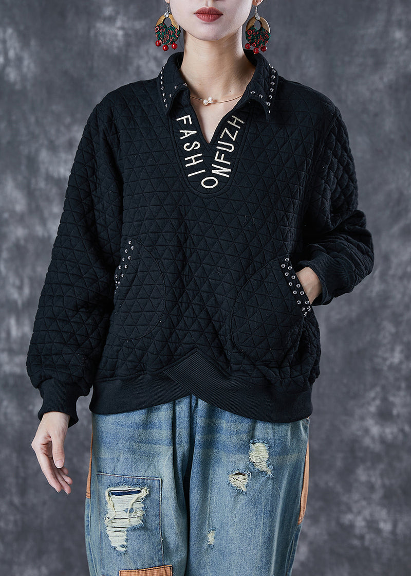 Black Letter Embroideried Rivet Cotton Pullover Sweatshirt Fall