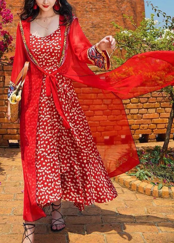 Red Hooded Lace Up Chiffon Long Cardigans Spring