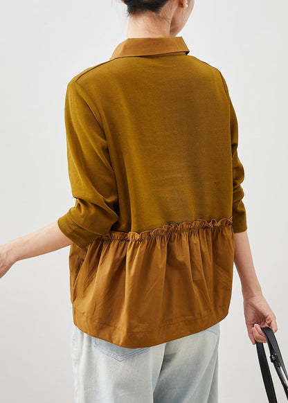 Brown Ruffled Patchwork Cotton Shirts Spring