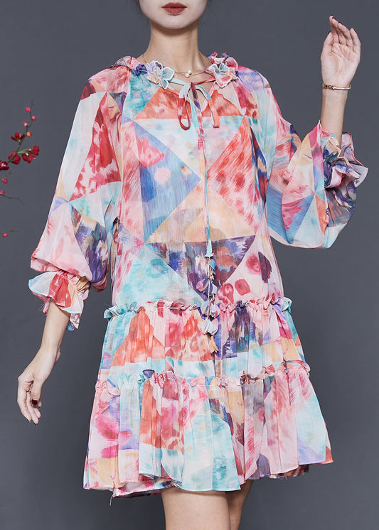 Orange Ruffled Print Chiffon Mid Dress Spring