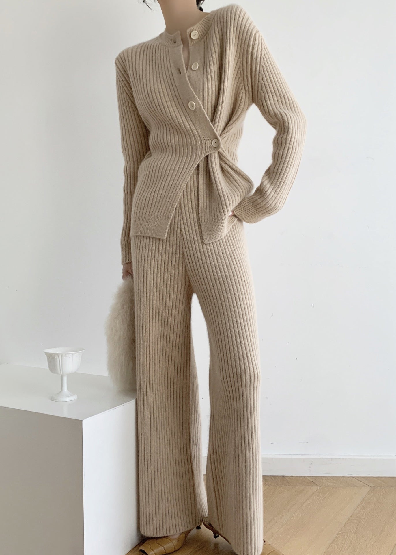 Khaki Asymmetrical Button Patchwork Cotton Knit Two Pieces Set Fall