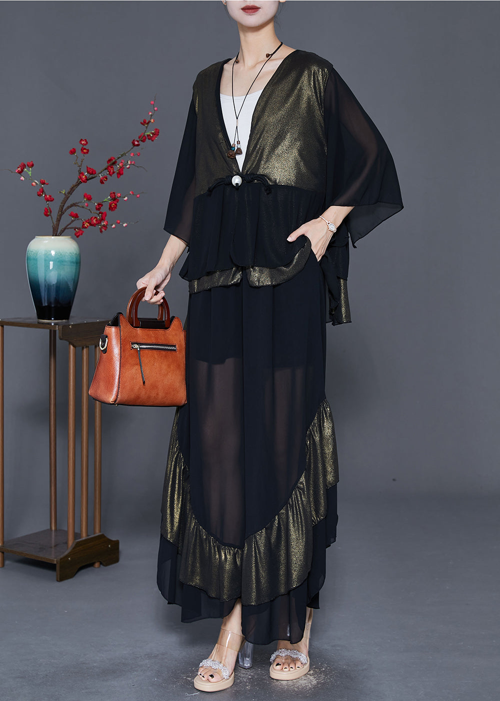 Colorblock Chinese Button Patchwork Ruffles Chiffon Two Pieces Set Fall