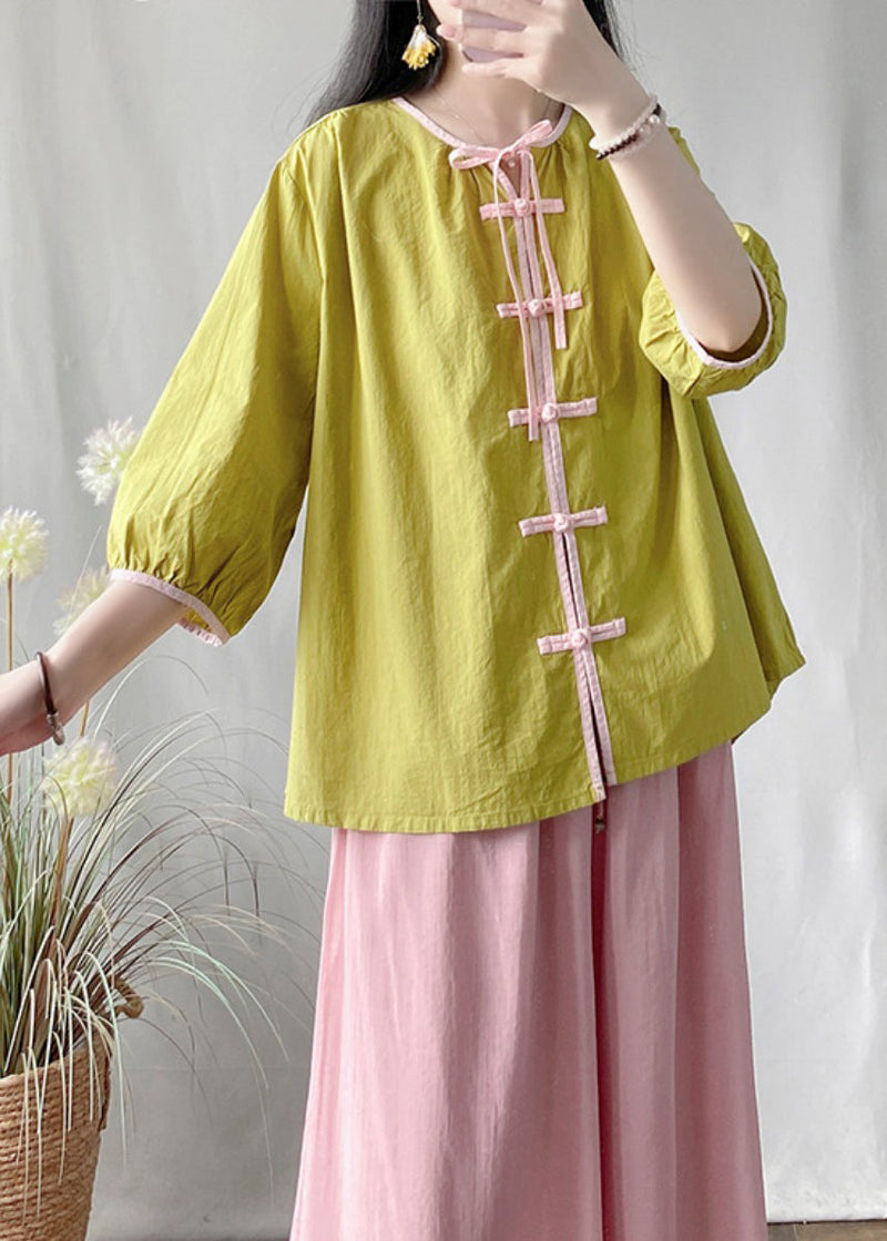 Green Lace Up Chinese Button Cotton Shirt Bracelet Sleeve