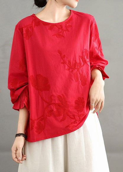 Red O-neck Embroidered Cotton Shirt Top Fall