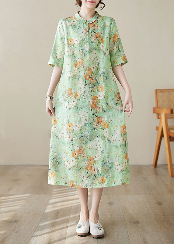 Green Peter Pan Collar Print Cotton Long Dresses Summer
