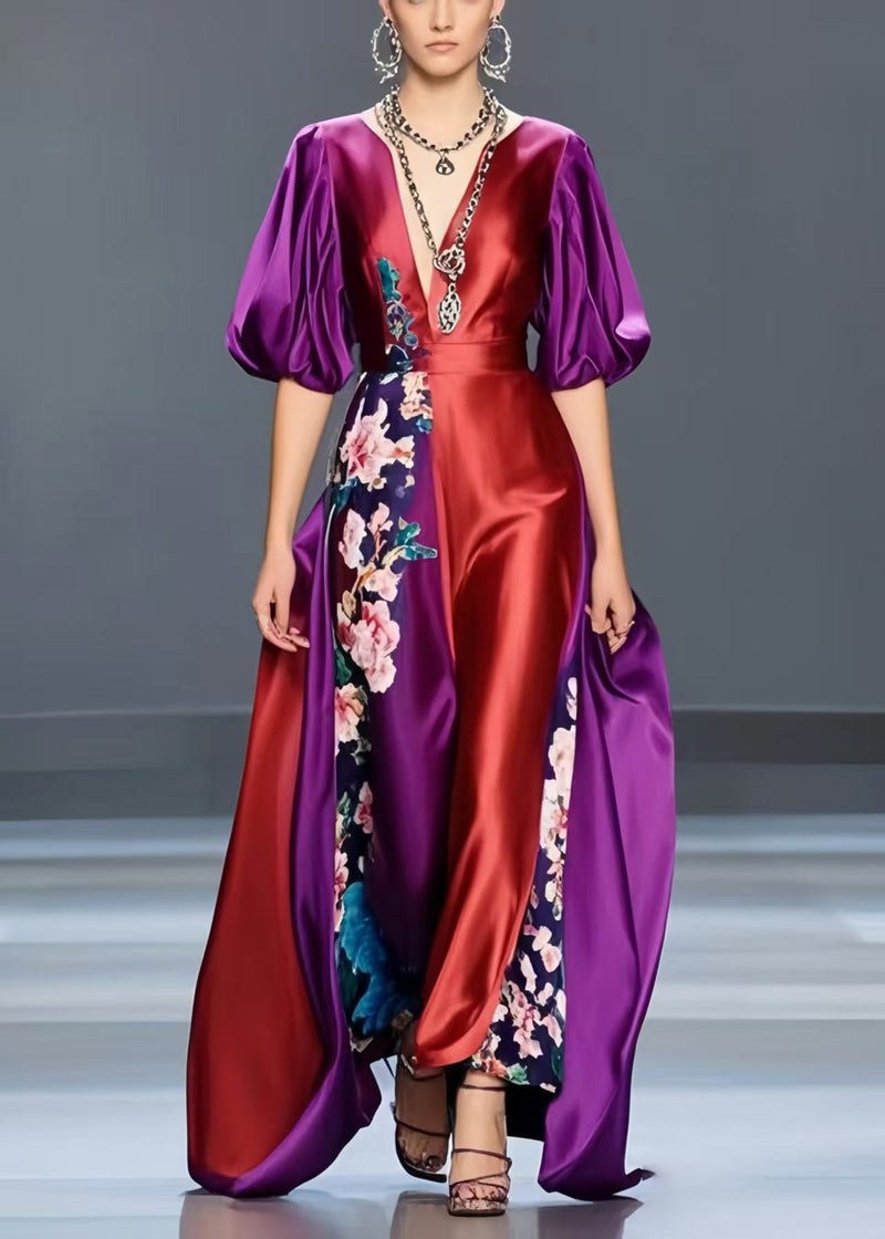 Polychrome Print Silk Maxi Dresses Asymmetrical Design Lantern Sleeve