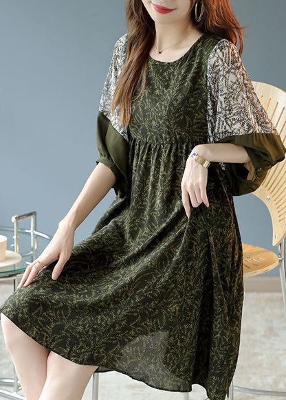 French Army Green O-neck Patchwork Print Chiffon Vacation Dresses Half Sleeve