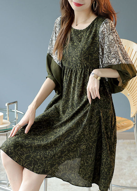 French Army Green O-neck Patchwork Print Chiffon Vacation Dresses Half Sleeve