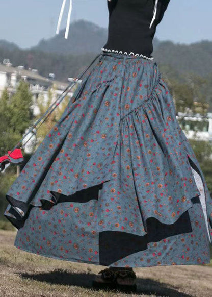French Dark Grey Tie Waist Print Wrinkled a Line Skirts Fall