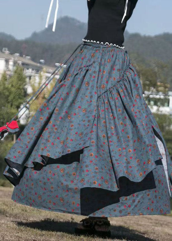 French Dark Grey Tie Waist Print Wrinkled a Line Skirts Fall
