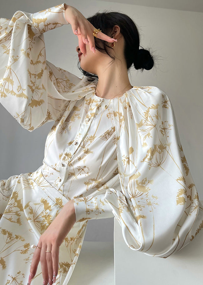 Classy White O-neck Print Silk Chiffon Top and Skirts Two Pieces Set Fall