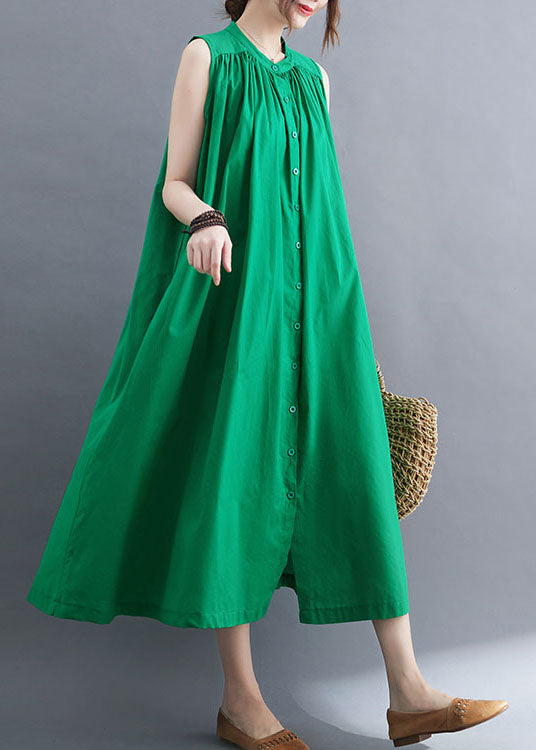 Green Cotton a Line Dress O-neck Oversized Summer
