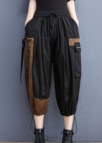 Fitted Black Asymmetrical Patchwork Cotton Spring Crop Pants