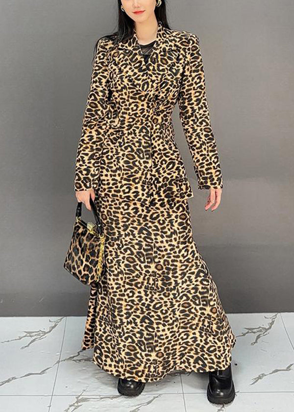 Leopard Coat and Skirts Two Pieces Set Fall