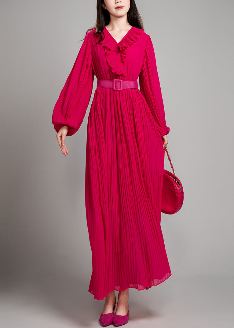 New Green V Neck Wrinkled Cotton Long Dress Fall