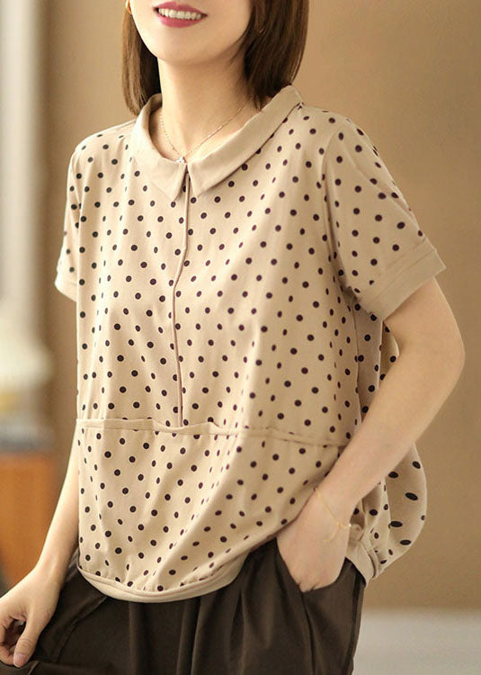Apricot Turn-down Collar Patchwork Dot Print Cotton Shirts Short Sleeve
