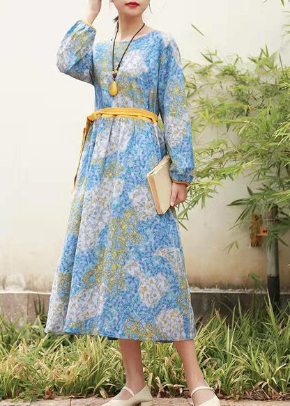 Blue O-neck Tie Waist Cinched Print Long Dresses Long Sleeve