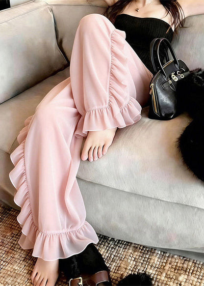 Pink Ruffled Tulle Straight Pants Summer