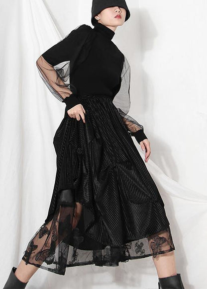 Black Velour Patchwork Asymmetrical Design Skirt