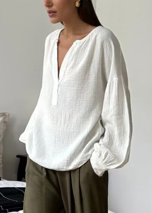 White V Neck Cotton Shirt Fall