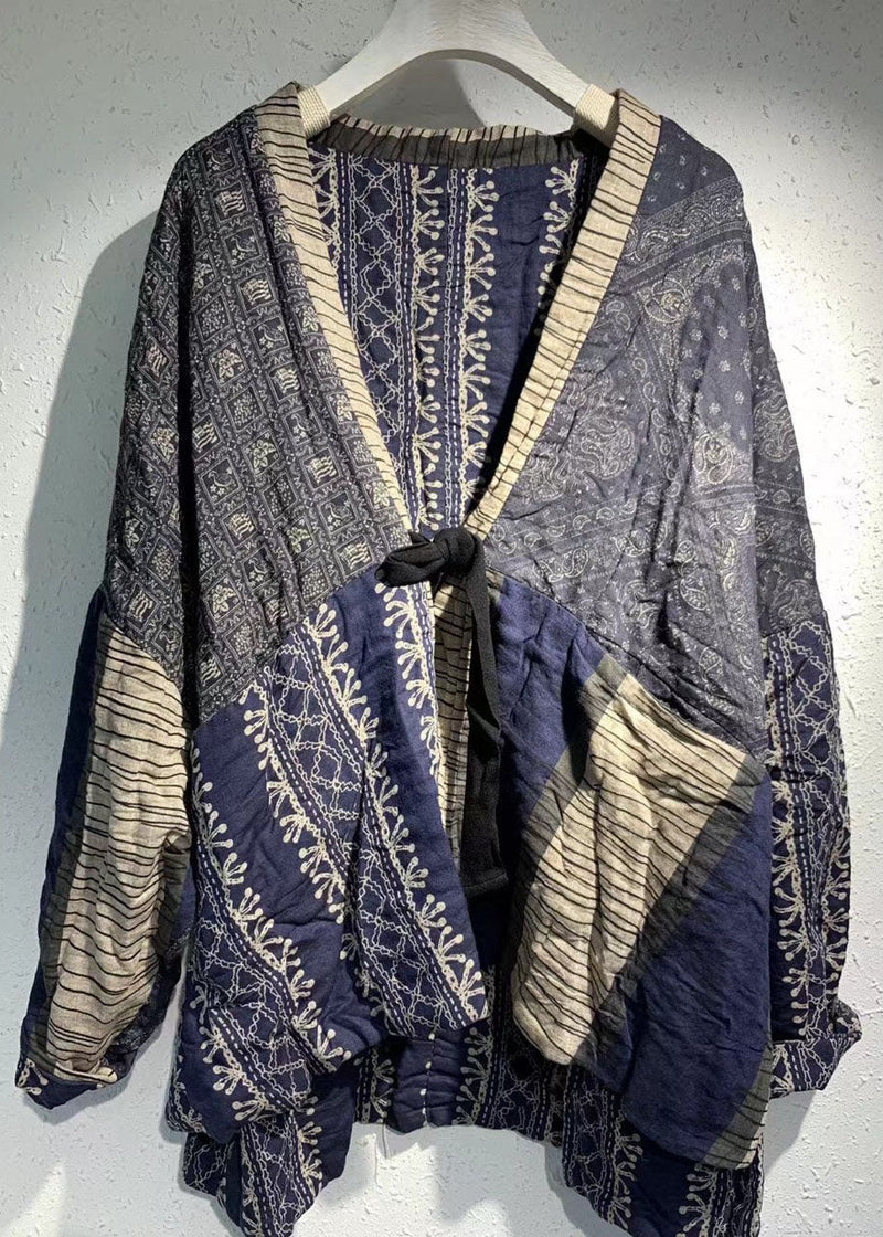 Diy Blue Print Patchwork Pockets Tie Waist Fall Top
