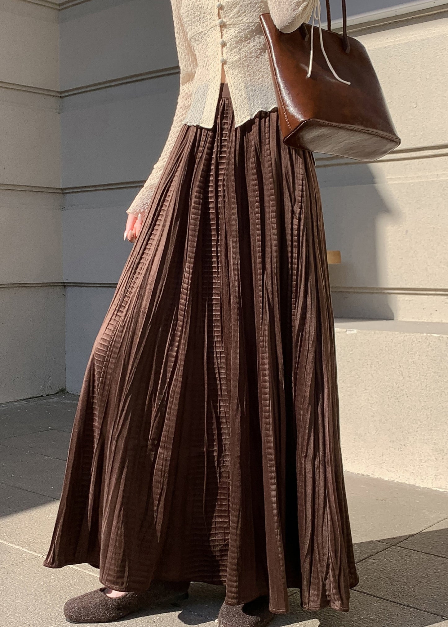 Coffee Wrinkled Elastic Waist Silk Velvet Skirt Winter