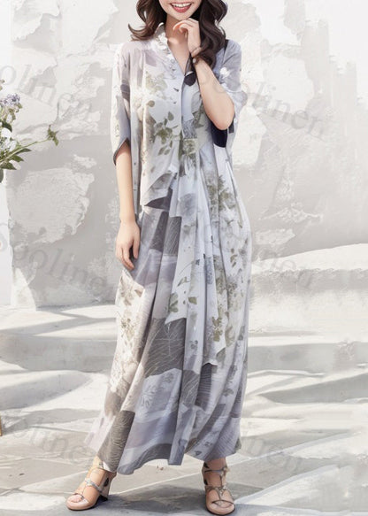Loose Light Grey V Neck Print Silk Long Dress Short Sleeve