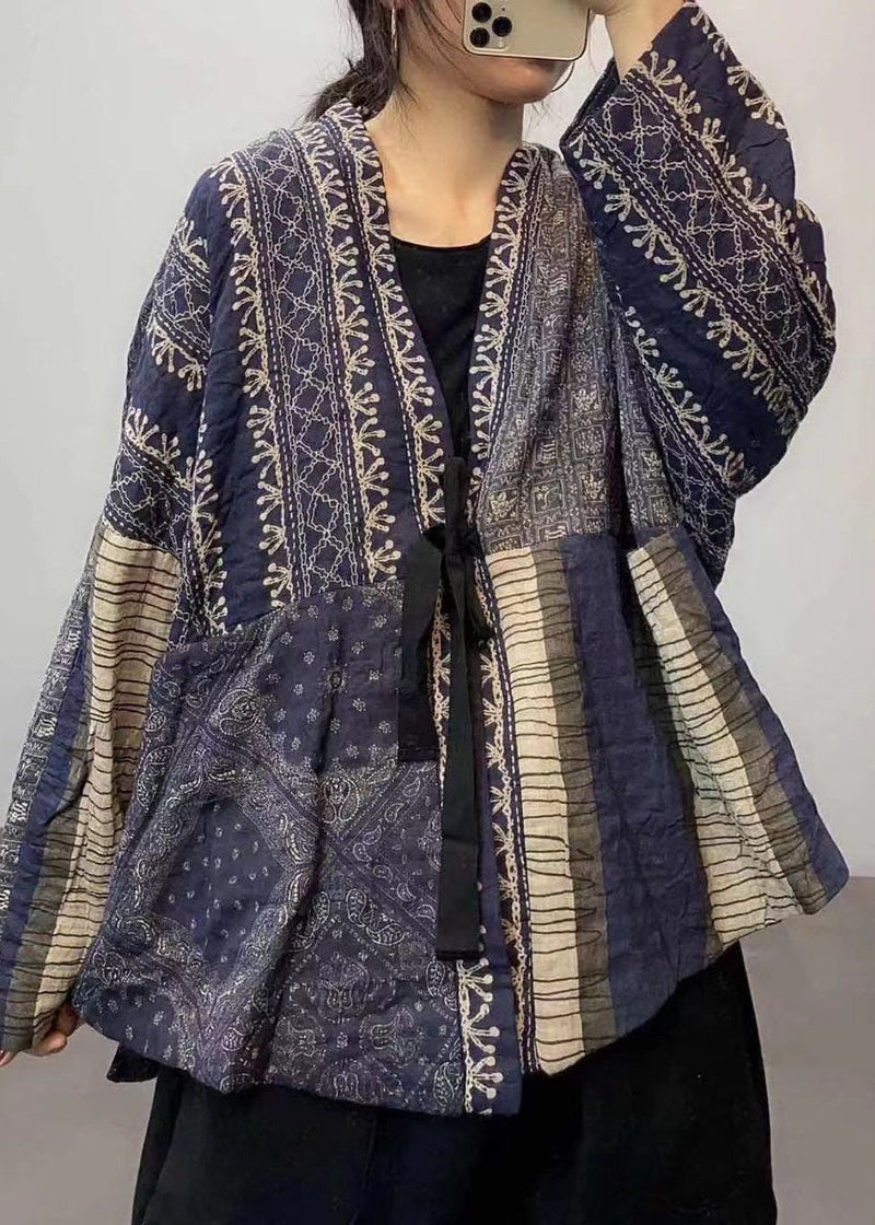 Diy Blue Print Patchwork Pockets Tie Waist Fall Top
