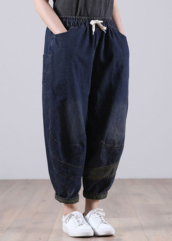 Blue Elastic Waist Pockets Harem Denim Fall Patchwork Pants