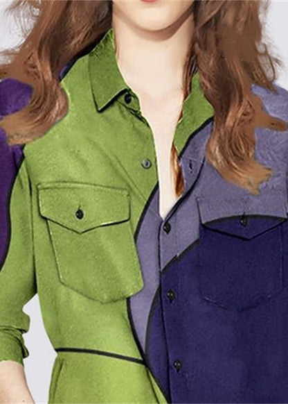 Colorblock Peter Pan Collar Button Pocket Print Shirt Long Sleeve