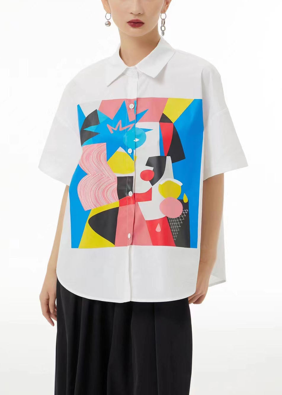 Black Oversized Print Cotton Shirt Summer
