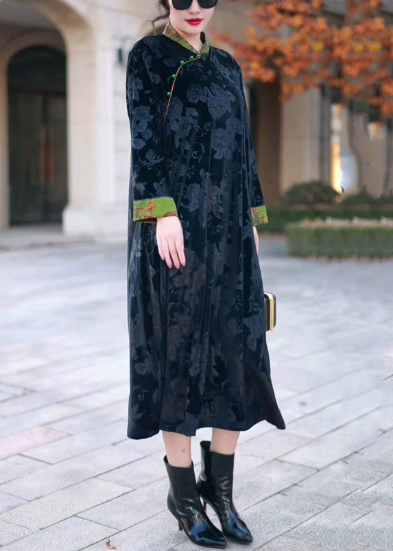 Black Stand Collar Print Silk Velour Long Dress Winter