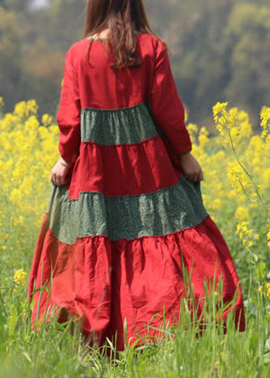 Red O-neck Wrinkled Patchwork Long Dresses Spring