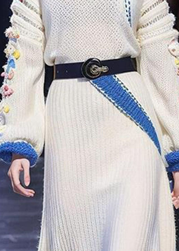 Brief White Stand Collar Tie Waist Cotton Knit Sweater Dress Long Sleeve