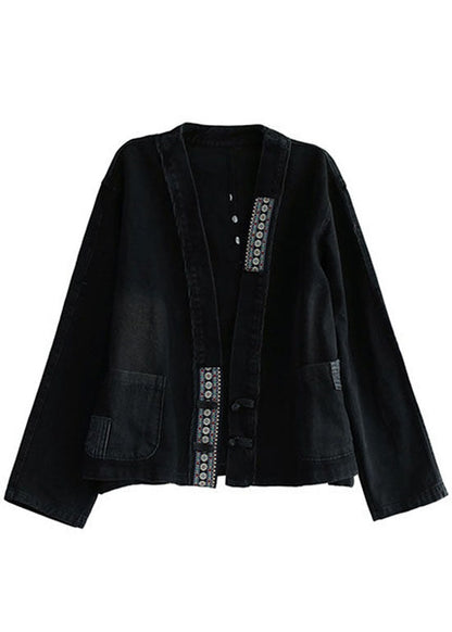 Black Embroideried Pockets Button Patchwork Fall Denim Coat