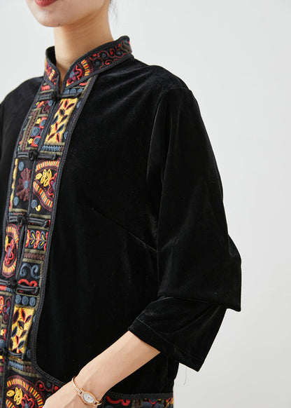 Black Embroideried Patchwork Silk Velour Two Piece Set Clothing Fall