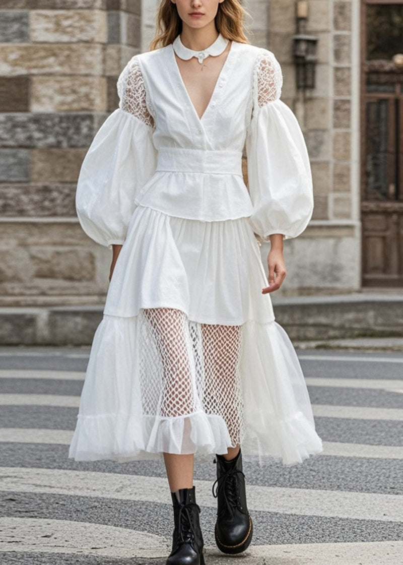 White Hollow Out Patchwork Lace Cotton Vestidos Dress Puff Sleeve