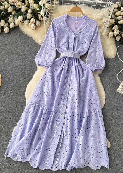 Purple Button Hollow Out Cotton Shirts Dress Long Sleeve