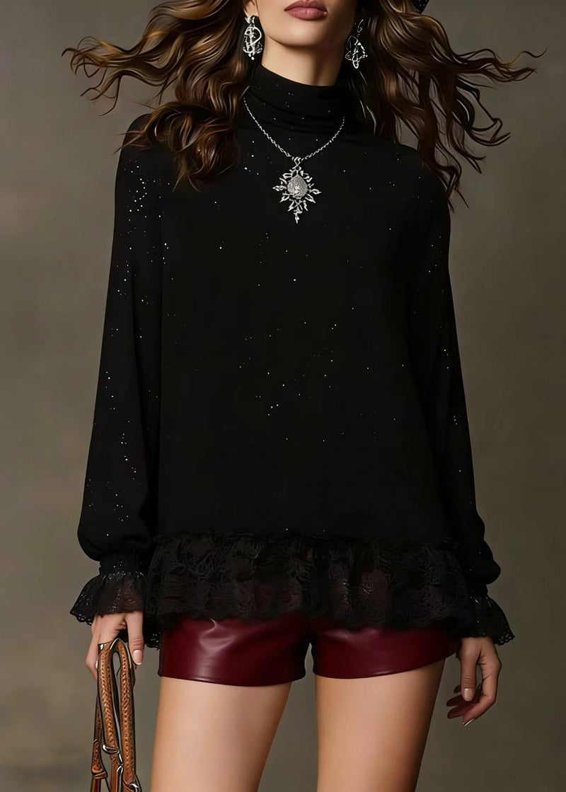 Black Sequins Lace Patchwork Knit Blouses Spring