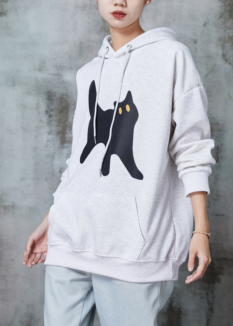 Grey Hooded Cat Print Warm Fleece Sweatshirt Tops Spring