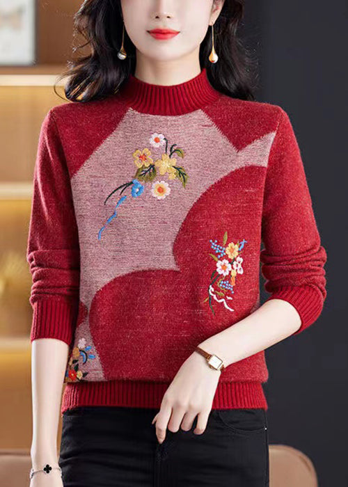 Wine Red Embroidered Patchwork Knit Sweater Tops Winter